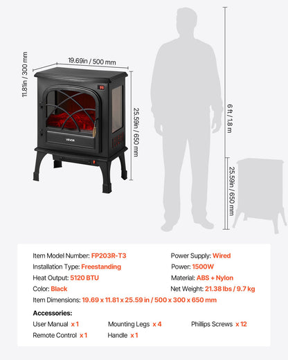 VEVOR 25.5inch Freestanding Fireplaces, 1500W 5120BTU Portable Electric Fireplace Stove Heater, with Overheating Protection,Adjustable Flames,Timer, Remote,for Living Room,Bedroom,Black - BXSBL24INCHHR8CGG001V1 - view 8