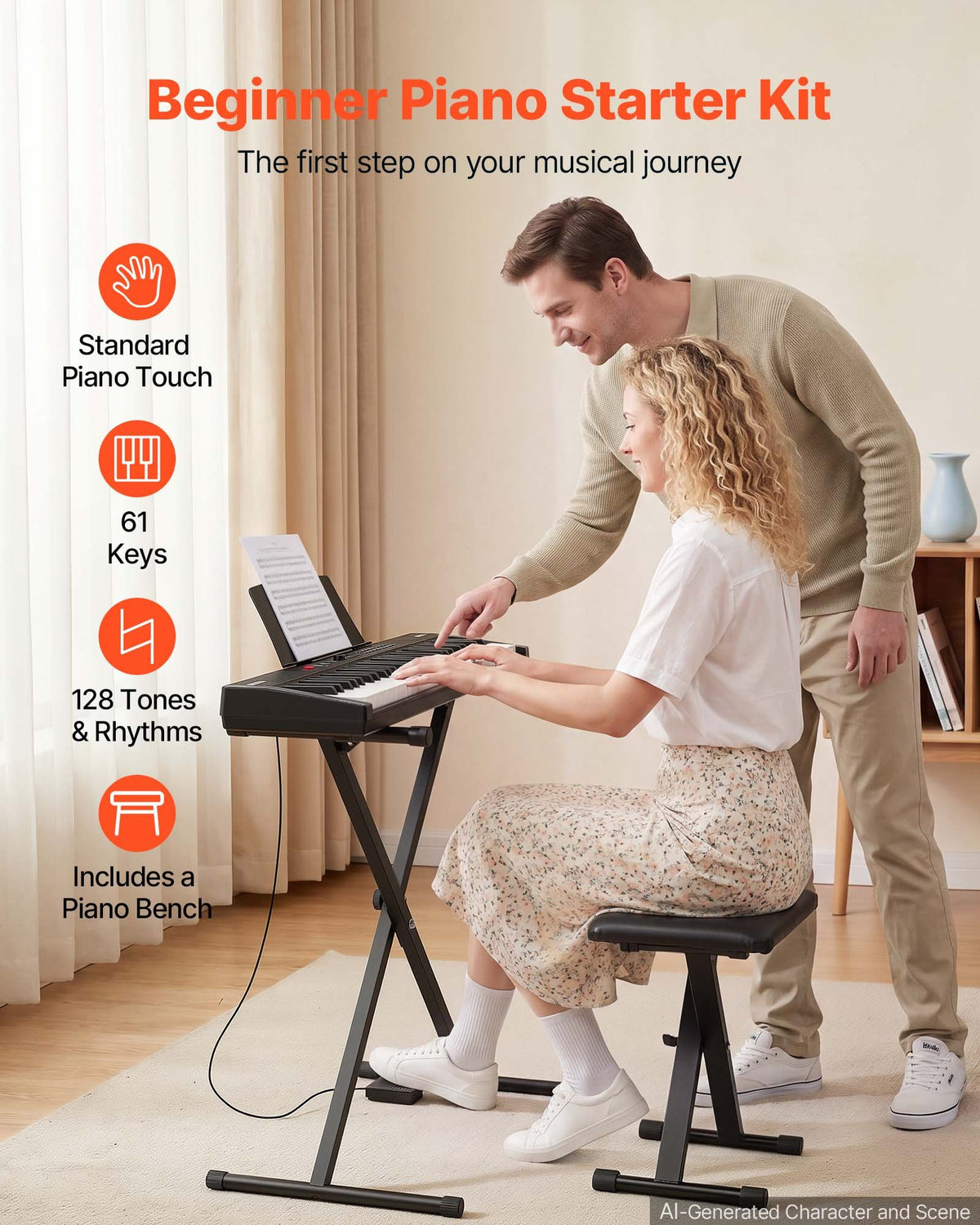 VEVOR Digital Piano 61 Keys Semi Weighted Keyboard Portable Stand Bench, for Beginners, 128 Tones, 128 Rhythms, Dual Power Supply Electronic Piano, with Pedal, Headphone Jack, USB/MIDI, Music Stand - BXSBPZSMGQHSERMW7001V1 - view 3