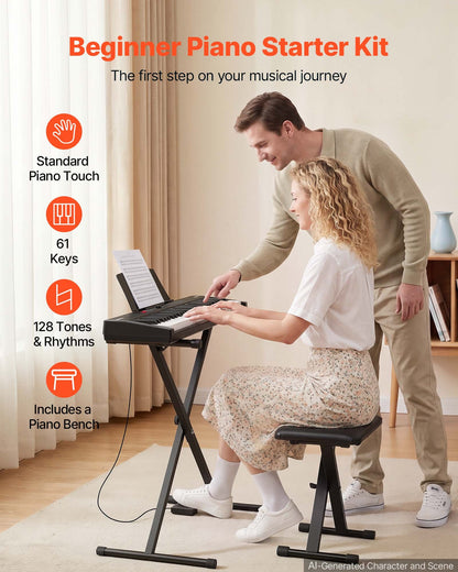 VEVOR Digital Piano 61 Keys Semi Weighted Keyboard Portable Stand Bench, for Beginners, 128 Tones, 128 Rhythms, Dual Power Supply Electronic Piano, with Pedal, Headphone Jack, USB/MIDI, Music Stand - BXSBPZSMGQHSERMW7001V1 - view 3
