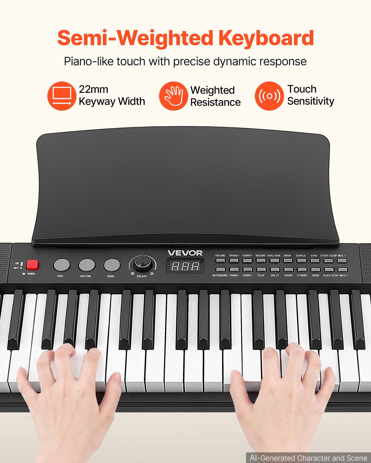 VEVOR Digital Piano 61 Keys Semi Weighted Keyboard Portable Stand Bench, for Beginners, 128 Tones, 128 Rhythms, Dual Power Supply Electronic Piano, with Pedal, Headphone Jack, USB/MIDI, Music Stand - BXSBPZSMGQHSERMW7001V1 - view 4