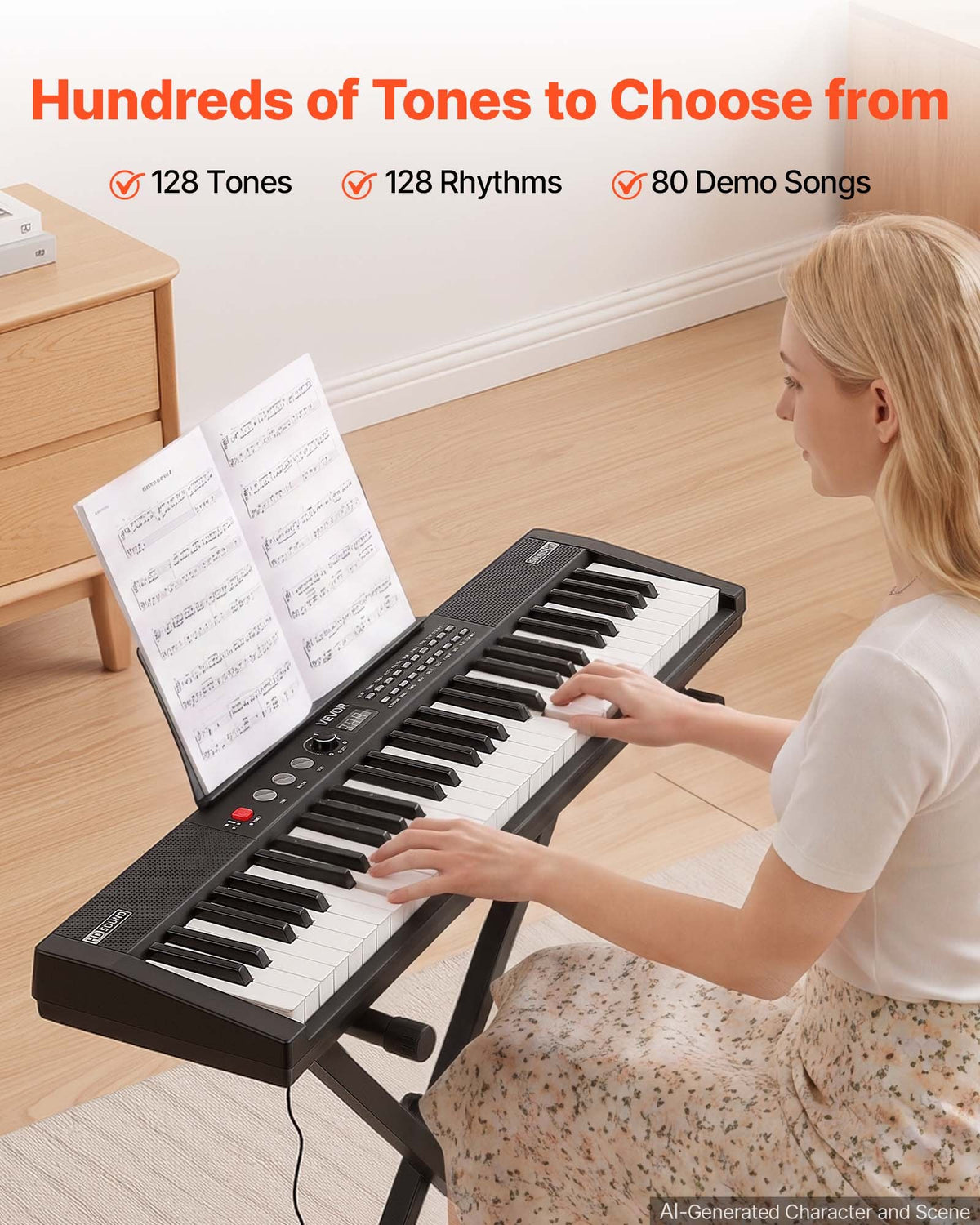 VEVOR Digital Piano 61 Keys Semi Weighted Keyboard Portable Stand Bench, for Beginners, 128 Tones, 128 Rhythms, Dual Power Supply Electronic Piano, with Pedal, Headphone Jack, USB/MIDI, Music Stand - BXSBPZSMGQHSERMW7001V1 - view 5