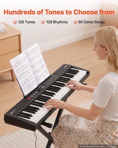 VEVOR Digital Piano 61 Keys Semi Weighted Keyboard Portable Stand Bench, for Beginners, 128 Tones, 128 Rhythms, Dual Power Supply Electronic Piano, with Pedal, Headphone Jack, USB/MIDI, Music Stand - BXSBPZSMGQHSERMW7001V1 - view 5