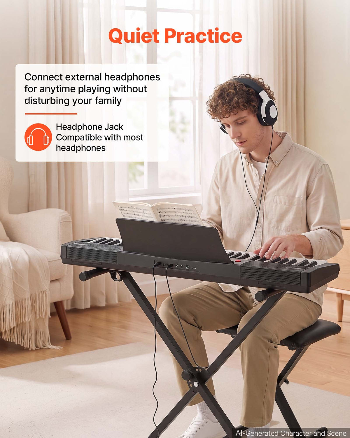 VEVOR Digital Piano 61 Keys Semi Weighted Keyboard Portable Stand Bench, for Beginners, 128 Tones, 128 Rhythms, Dual Power Supply Electronic Piano, with Pedal, Headphone Jack, USB/MIDI, Music Stand - BXSBPZSMGQHSERMW7001V1 - view 6