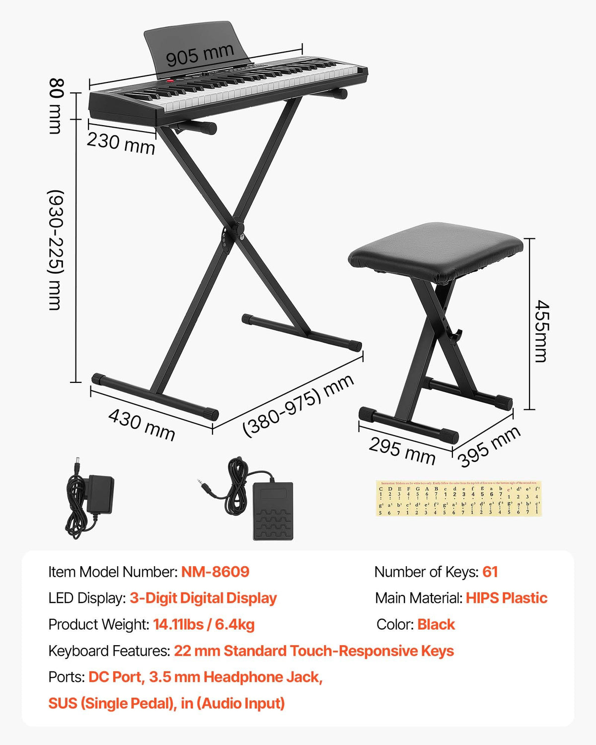 VEVOR Digital Piano 61 Keys Semi Weighted Keyboard Portable Stand Bench, for Beginners, 128 Tones, 128 Rhythms, Dual Power Supply Electronic Piano, with Pedal, Headphone Jack, USB/MIDI, Music Stand - BXSBPZSMGQHSERMW7001V1 - view 8