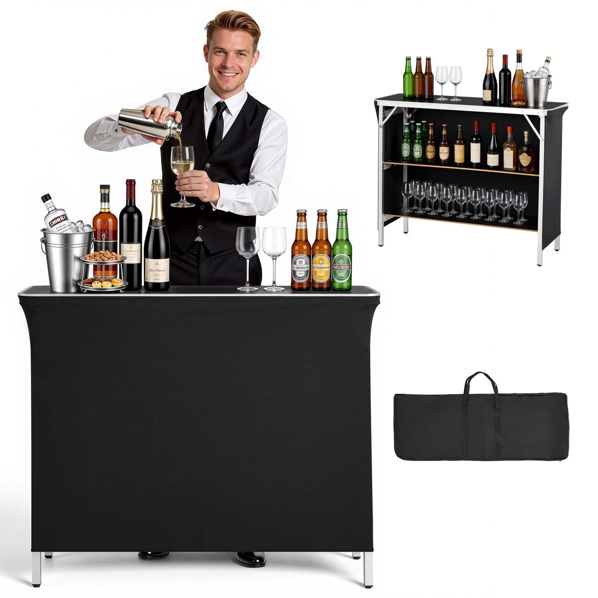 VEVOR Folding Portable Bar Table, 43.3 x 15.2 x 34.8 in, with Carry Bag, 2 Storage Shelves, and Detachable Skirt, Quick and Easy Setup, Foldable Mobile Bartending Station for Events, Party, Tradeshow - BXSBTZZDZJDC2X71M001V0 - view 1