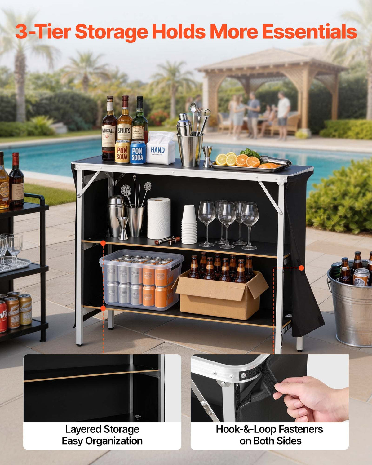 VEVOR Folding Portable Bar Table, 43.3 x 15.2 x 34.8 in, with Carry Bag, 2 Storage Shelves, and Detachable Skirt, Quick and Easy Setup, Foldable Mobile Bartending Station for Events, Party, Tradeshow - BXSBTZZDZJDC2X71M001V0 - view 4