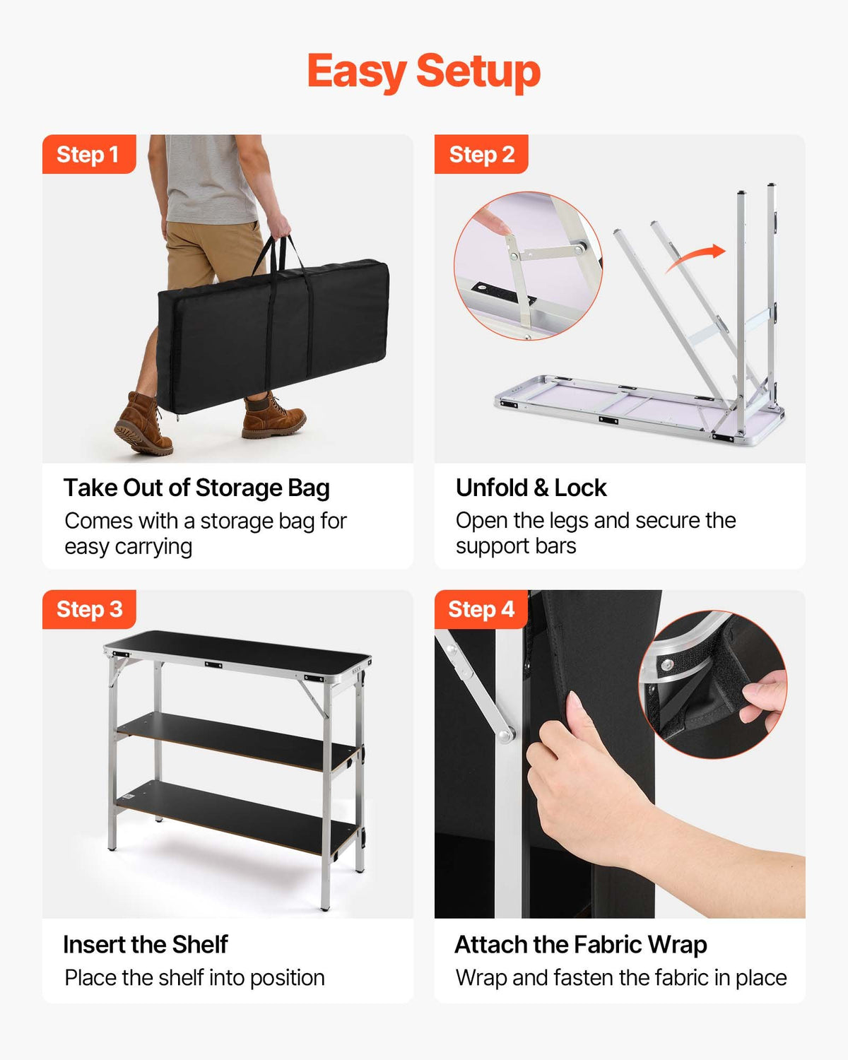 VEVOR Folding Portable Bar Table, 43.3 x 15.2 x 34.8 in, with Carry Bag, 2 Storage Shelves, and Detachable Skirt, Quick and Easy Setup, Foldable Mobile Bartending Station for Events, Party, Tradeshow - BXSBTZZDZJDC2X71M001V0 - view 6