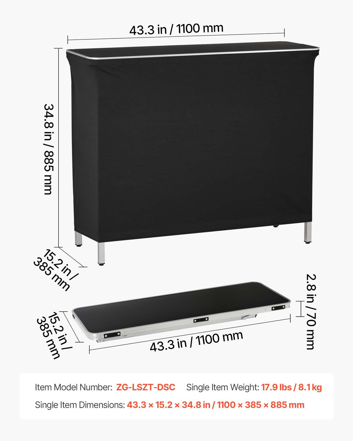 VEVOR Folding Portable Bar Table, 43.3 x 15.2 x 34.8 in, with Carry Bag, 2 Storage Shelves, and Detachable Skirt, Quick and Easy Setup, Foldable Mobile Bartending Station for Events, Party, Tradeshow - BXSBTZZDZJDC2X71M001V0 - view 8