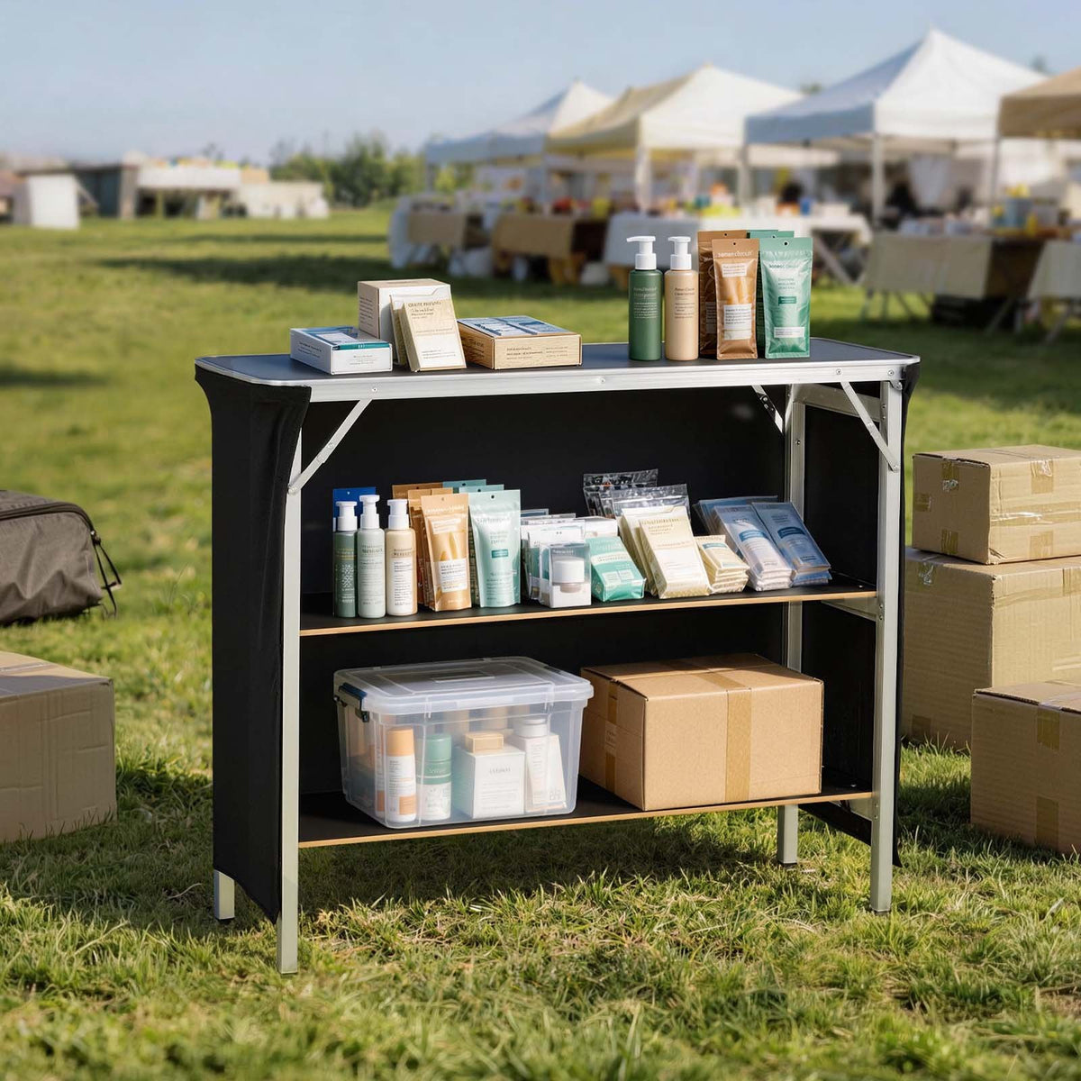VEVOR Folding Portable Bar Table, 43.3 x 15.2 x 34.8 in, with Carry Bag, 2 Storage Shelves, and Detachable Skirt, Quick and Easy Setup, Foldable Mobile Bartending Station for Events, Party, Tradeshow - BXSBTZZDZJDC2X71M001V0 - view 9