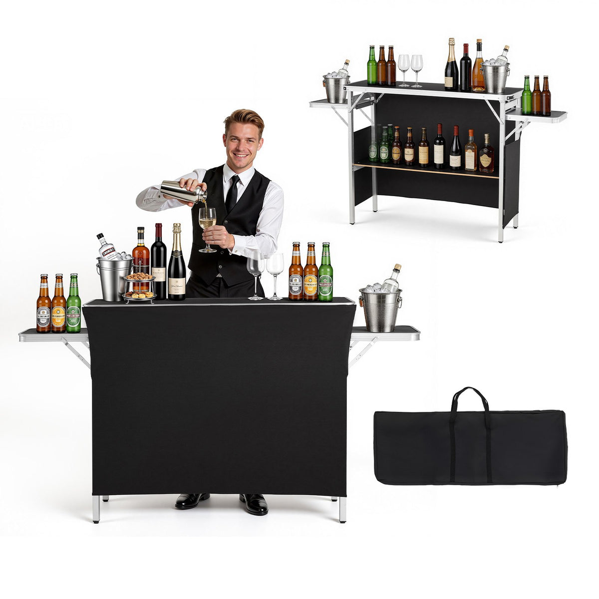 VEVOR Folding Portable Bar Table, 43.3 x 15.4 x 34.6 in, with Carry Bag, Storage Shelf, and Detachable Skirt, Quick and Easy Setup, Foldable Mobile Bartending Station for Events, Party, Tradeshow - BXSBTZZDZJDCCWEVK001V0 - view 1