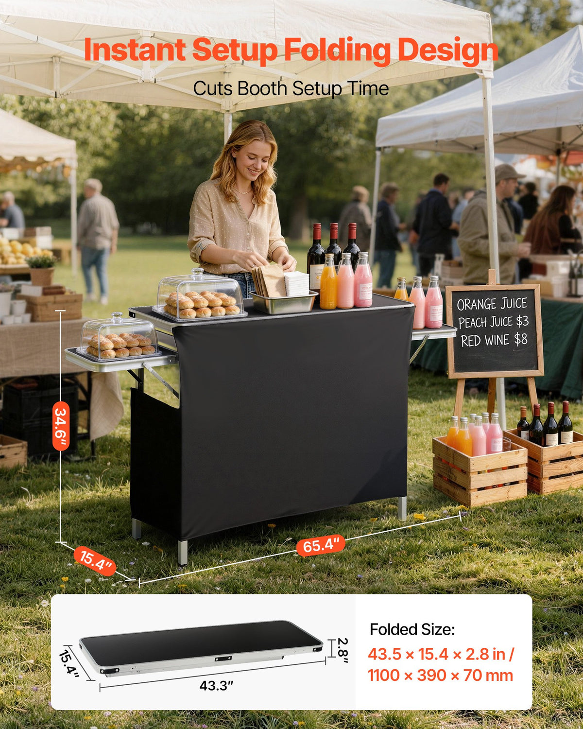 VEVOR Folding Portable Bar Table, 43.3 x 15.4 x 34.6 in, with Carry Bag, Storage Shelf, and Detachable Skirt, Quick and Easy Setup, Foldable Mobile Bartending Station for Events, Party, Tradeshow - BXSBTZZDZJDCCWEVK001V0 - view 3
