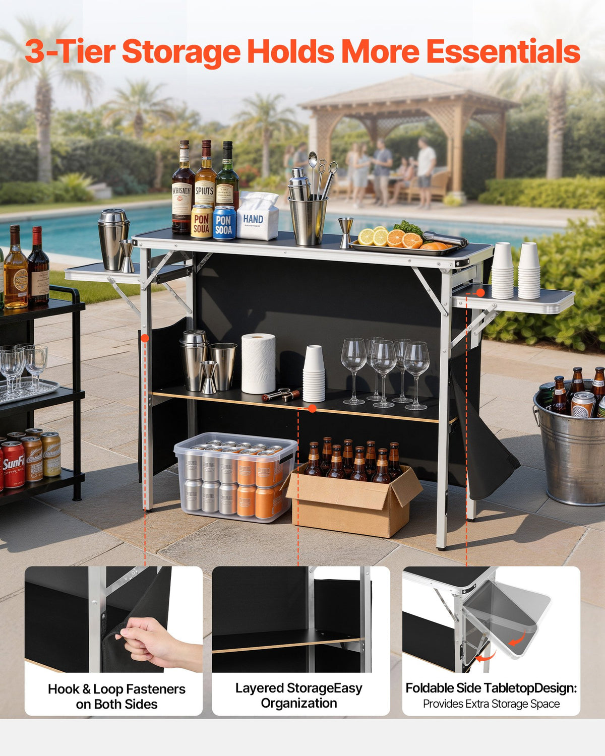 VEVOR Folding Portable Bar Table, 43.3 x 15.4 x 34.6 in, with Carry Bag, Storage Shelf, and Detachable Skirt, Quick and Easy Setup, Foldable Mobile Bartending Station for Events, Party, Tradeshow - BXSBTZZDZJDCCWEVK001V0 - view 4