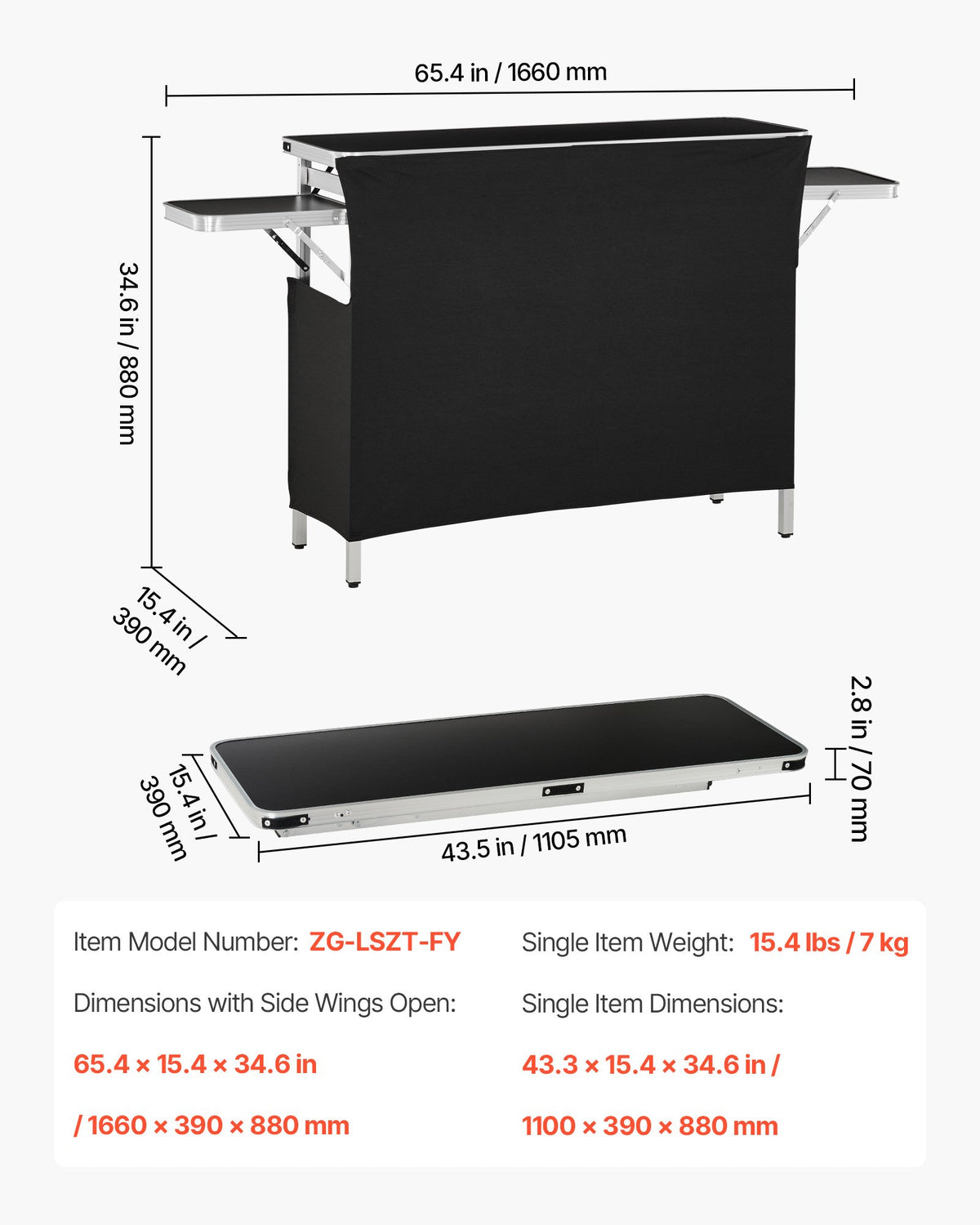 VEVOR Folding Portable Bar Table, 43.3 x 15.4 x 34.6 in, with Carry Bag, Storage Shelf, and Detachable Skirt, Quick and Easy Setup, Foldable Mobile Bartending Station for Events, Party, Tradeshow - BXSBTZZDZJDCCWEVK001V0 - view 8