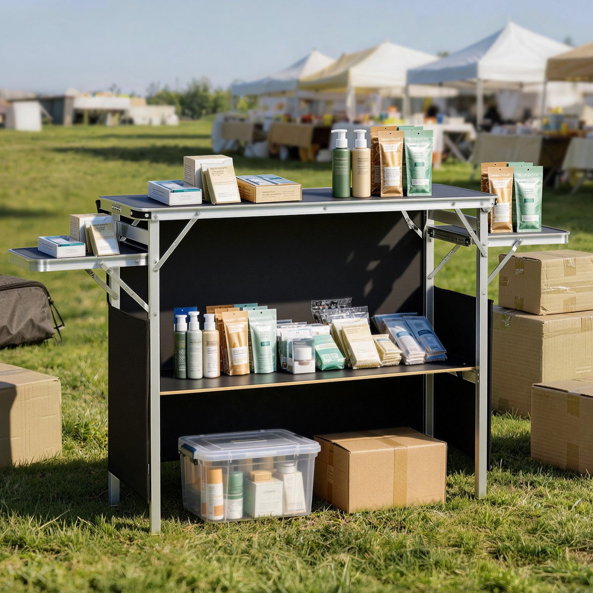 VEVOR Folding Portable Bar Table, 43.3 x 15.4 x 34.6 in, with Carry Bag, Storage Shelf, and Detachable Skirt, Quick and Easy Setup, Foldable Mobile Bartending Station for Events, Party, Tradeshow - BXSBTZZDZJDCCWEVK001V0 - view 9
