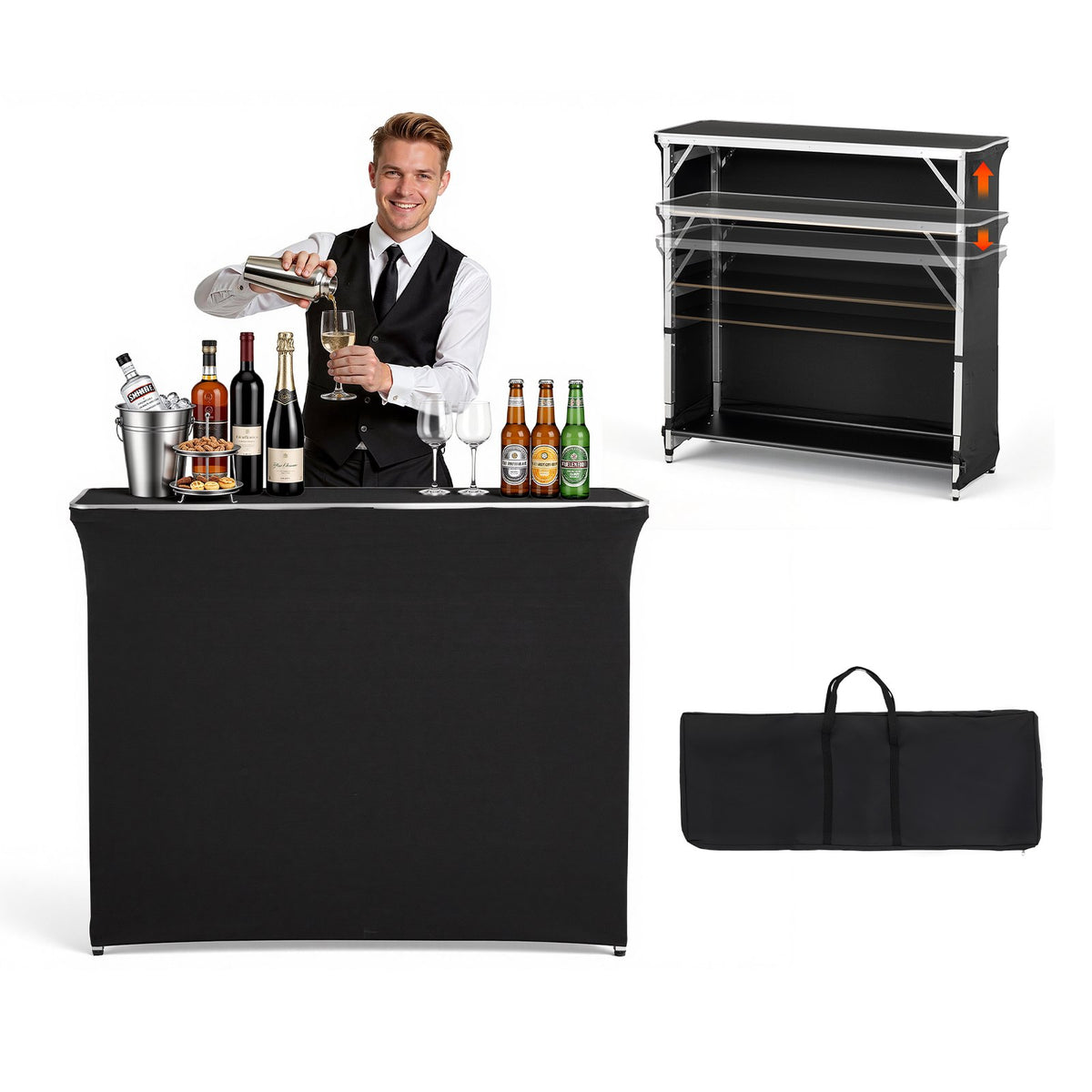 VEVOR Folding Portable Bar Table, 43.5 x 15.4 x 39.8 in, with Carry Bag, 2 Storage Shelves, and Detachable Skirt, Quick and Easy Setup, Foldable Mobile Bartending Station for Events, Party, Tradeshow - BXSBTZZDZJDCKZ8EP001V0 - view 1
