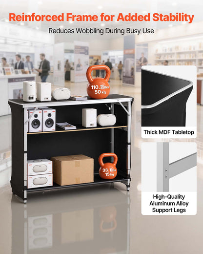 VEVOR Folding Portable Bar Table, 43.5 x 15.4 x 39.8 in, with Carry Bag, 2 Storage Shelves, and Detachable Skirt, Quick and Easy Setup, Foldable Mobile Bartending Station for Events, Party, Tradeshow - BXSBTZZDZJDCKZ8EP001V0 - view 5