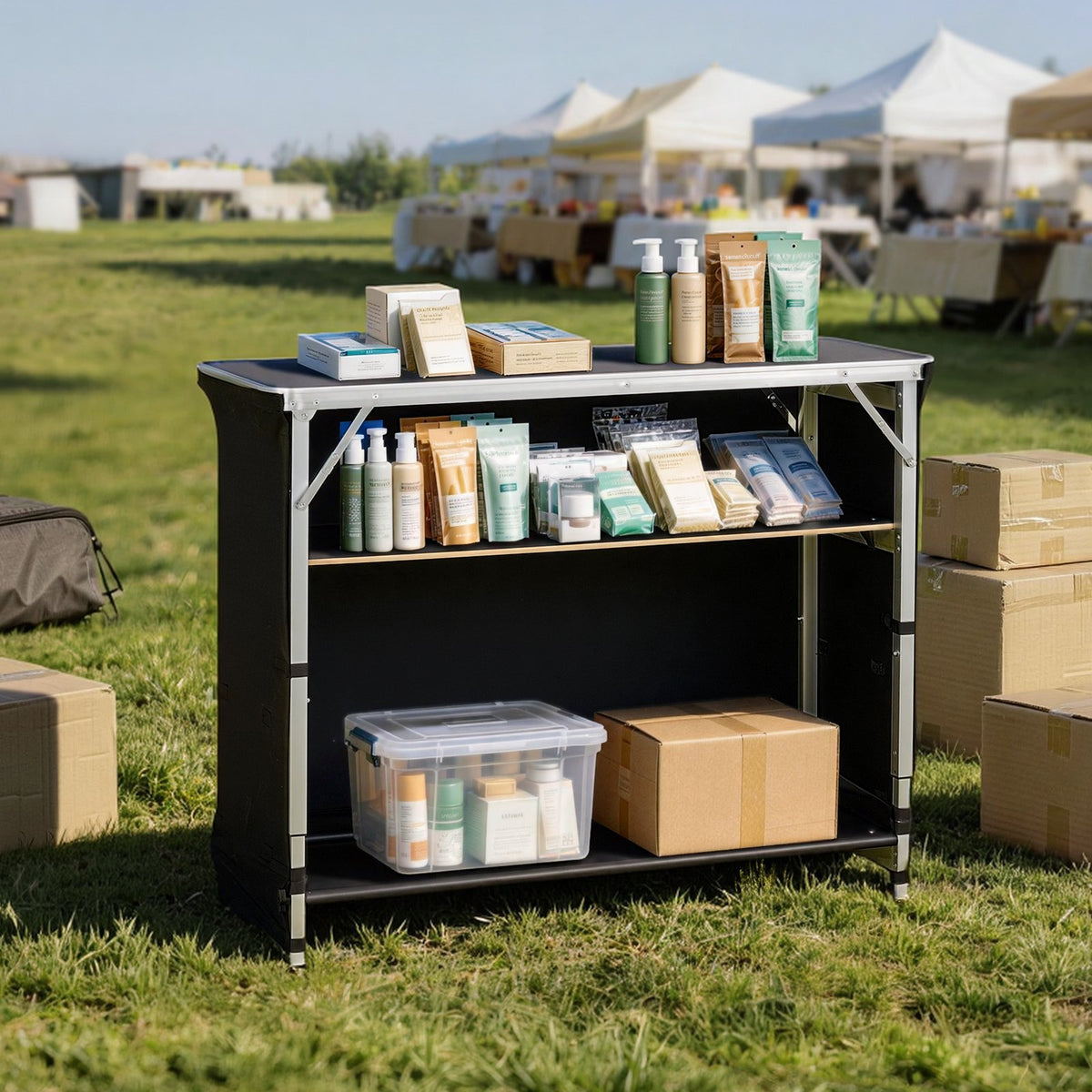 VEVOR Folding Portable Bar Table, 43.5 x 15.4 x 39.8 in, with Carry Bag, 2 Storage Shelves, and Detachable Skirt, Quick and Easy Setup, Foldable Mobile Bartending Station for Events, Party, Tradeshow - BXSBTZZDZJDCKZ8EP001V0 - view 9