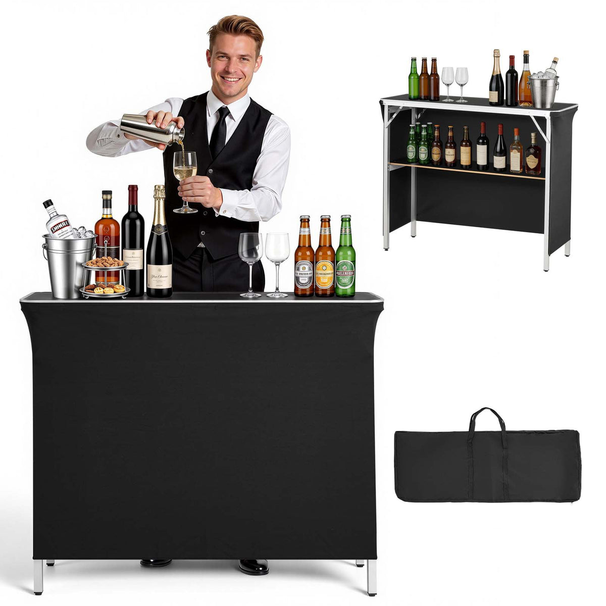 VEVOR Folding Portable Bar Table, 43.3 x 15.2 x 34.8 in, with Carry Bag, Storage Shelf, and Detachable Skirt, Quick and Easy Setup, Foldable Mobile Bartending Station for Events, Party, Tradeshow - BXSBTZZDZJDCZ5RNW001V0 - view 1