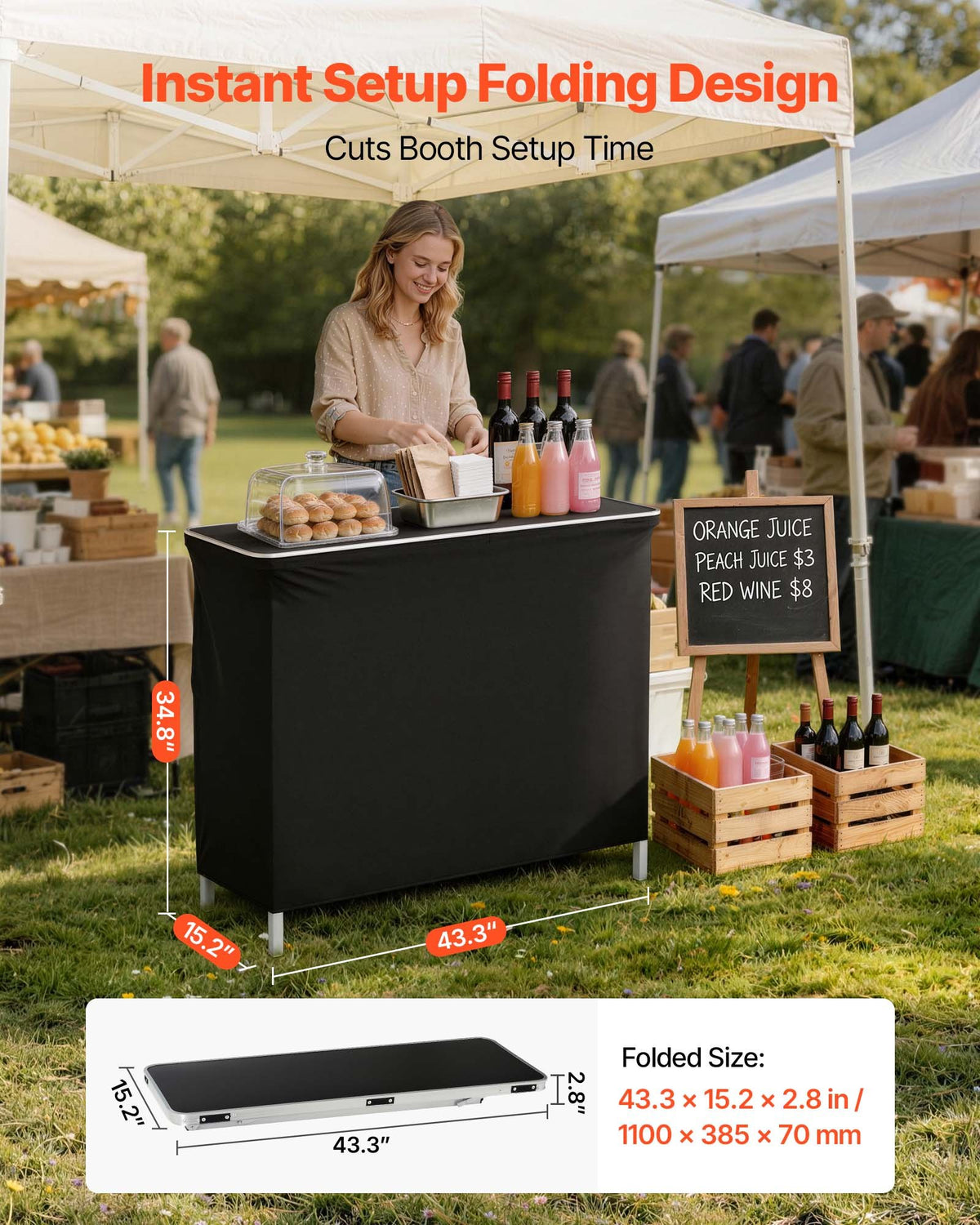 VEVOR Folding Portable Bar Table, 43.3 x 15.2 x 34.8 in, with Carry Bag, Storage Shelf, and Detachable Skirt, Quick and Easy Setup, Foldable Mobile Bartending Station for Events, Party, Tradeshow - BXSBTZZDZJDCZ5RNW001V0 - view 3