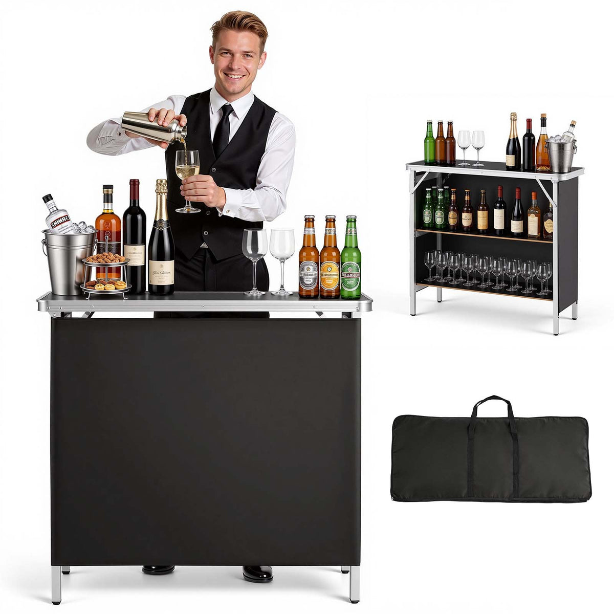 VEVOR Folding Portable Bar Table, 38.6 x 15.2 x 34.3 in, with Carry Bag, Storage Shelf, and Detachable Skirt, Quick and Easy Setup, Foldable Mobile Bartending Station for Events, Party, Tradeshow - BXSBTZZDZJXC8GMD3001V0 - view 1