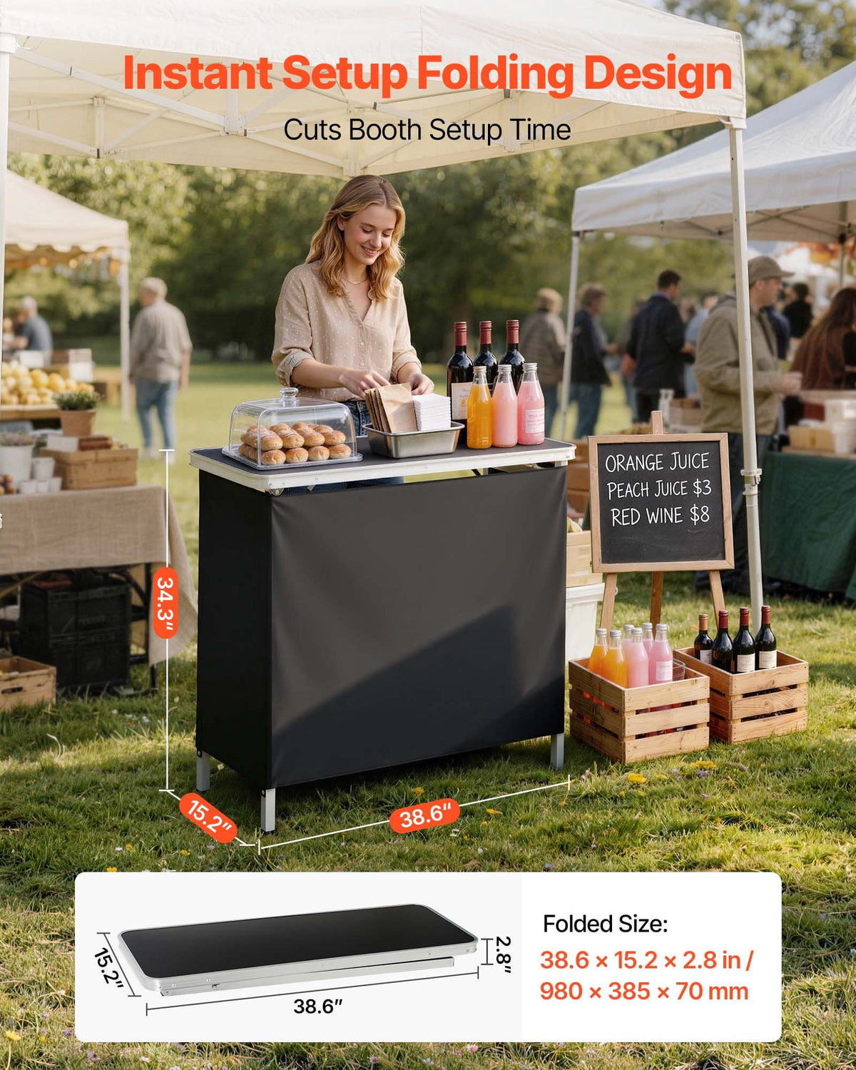 VEVOR Folding Portable Bar Table, 38.6 x 15.2 x 34.3 in, with Carry Bag, Storage Shelf, and Detachable Skirt, Quick and Easy Setup, Foldable Mobile Bartending Station for Events, Party, Tradeshow - BXSBTZZDZJXC8GMD3001V0 - view 3