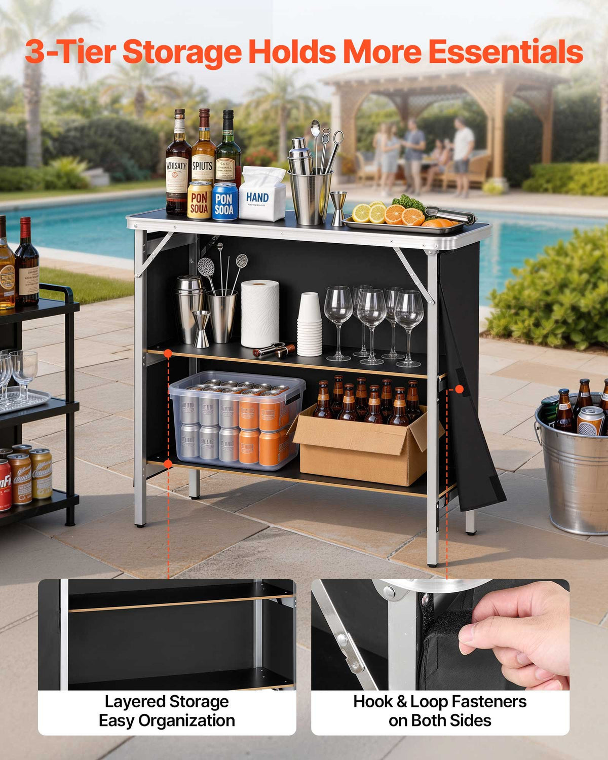 VEVOR Folding Portable Bar Table, 38.6 x 15.2 x 34.3 in, with Carry Bag, Storage Shelf, and Detachable Skirt, Quick and Easy Setup, Foldable Mobile Bartending Station for Events, Party, Tradeshow - BXSBTZZDZJXC8GMD3001V0 - view 4