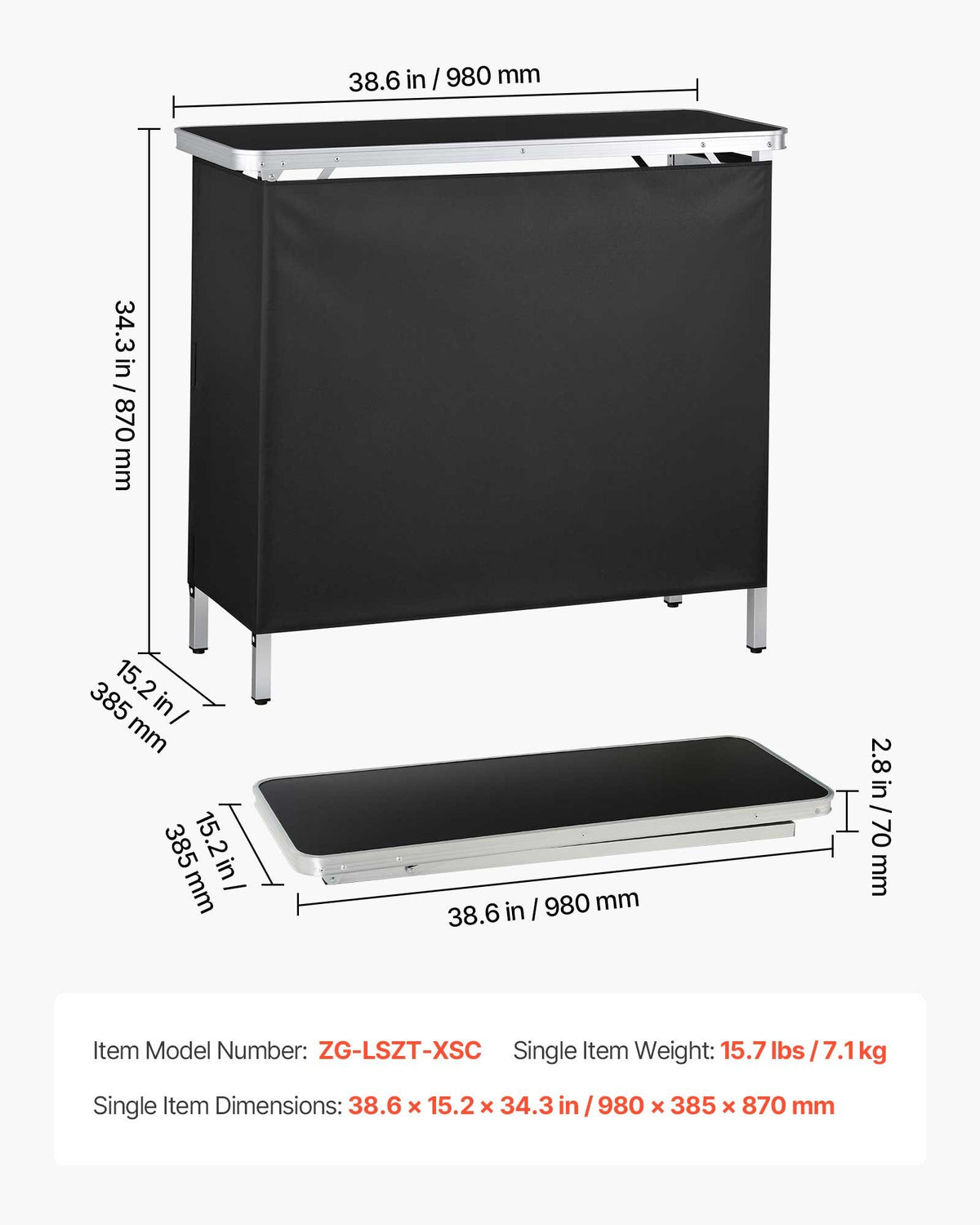 VEVOR Folding Portable Bar Table, 38.6 x 15.2 x 34.3 in, with Carry Bag, Storage Shelf, and Detachable Skirt, Quick and Easy Setup, Foldable Mobile Bartending Station for Events, Party, Tradeshow - BXSBTZZDZJXC8GMD3001V0 - view 8