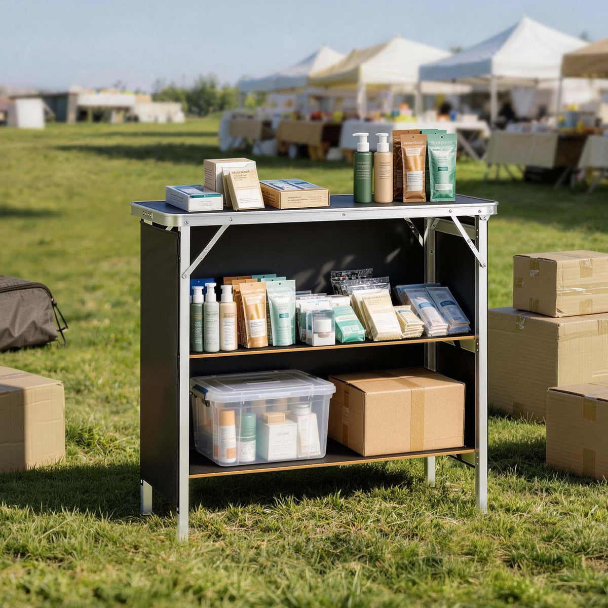 VEVOR Folding Portable Bar Table, 38.6 x 15.2 x 34.3 in, with Carry Bag, Storage Shelf, and Detachable Skirt, Quick and Easy Setup, Foldable Mobile Bartending Station for Events, Party, Tradeshow - BXSBTZZDZJXC8GMD3001V0 - view 9