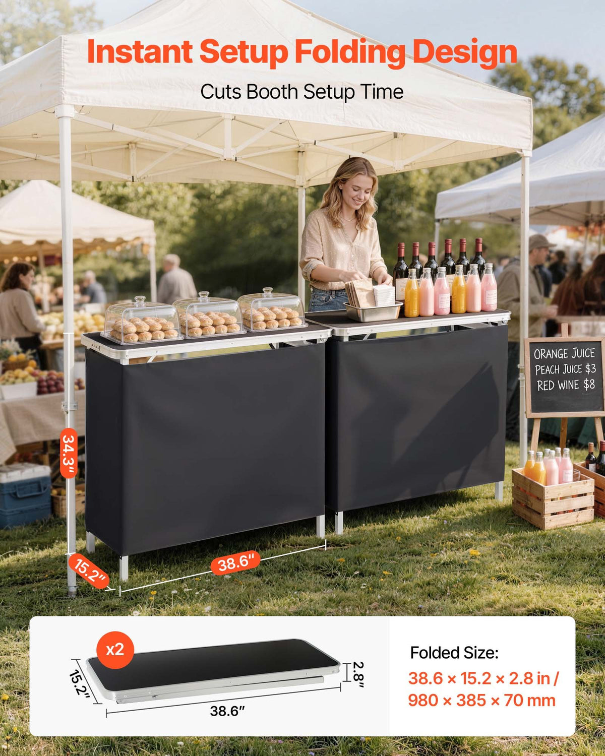 VEVOR Folding Portable Bar Table, 2 pcs, 38.6 x 15.2 x 34.3 in, with Carry Bag, Storage Shelf, Detachable Skirt, Quick and Easy Setup, Foldable Mobile Bartending Station for Events, Party, Tradeshow - BXSBTZZDZJXCTBVI3001V0 - view 3