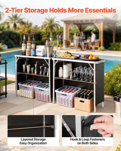 VEVOR Folding Portable Bar Table, 2 pcs, 38.6 x 15.2 x 34.3 in, with Carry Bag, Storage Shelf, Detachable Skirt, Quick and Easy Setup, Foldable Mobile Bartending Station for Events, Party, Tradeshow - BXSBTZZDZJXCTBVI3001V0 - view 4