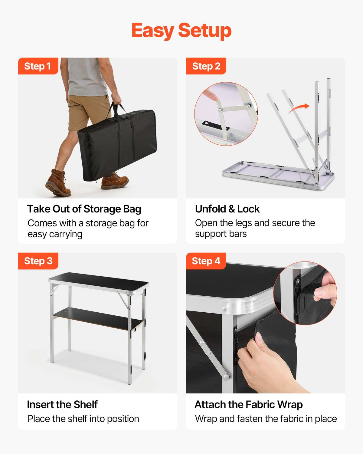 VEVOR Folding Portable Bar Table, 2 pcs, 38.6 x 15.2 x 34.3 in, with Carry Bag, Storage Shelf, Detachable Skirt, Quick and Easy Setup, Foldable Mobile Bartending Station for Events, Party, Tradeshow - BXSBTZZDZJXCTBVI3001V0 - view 6