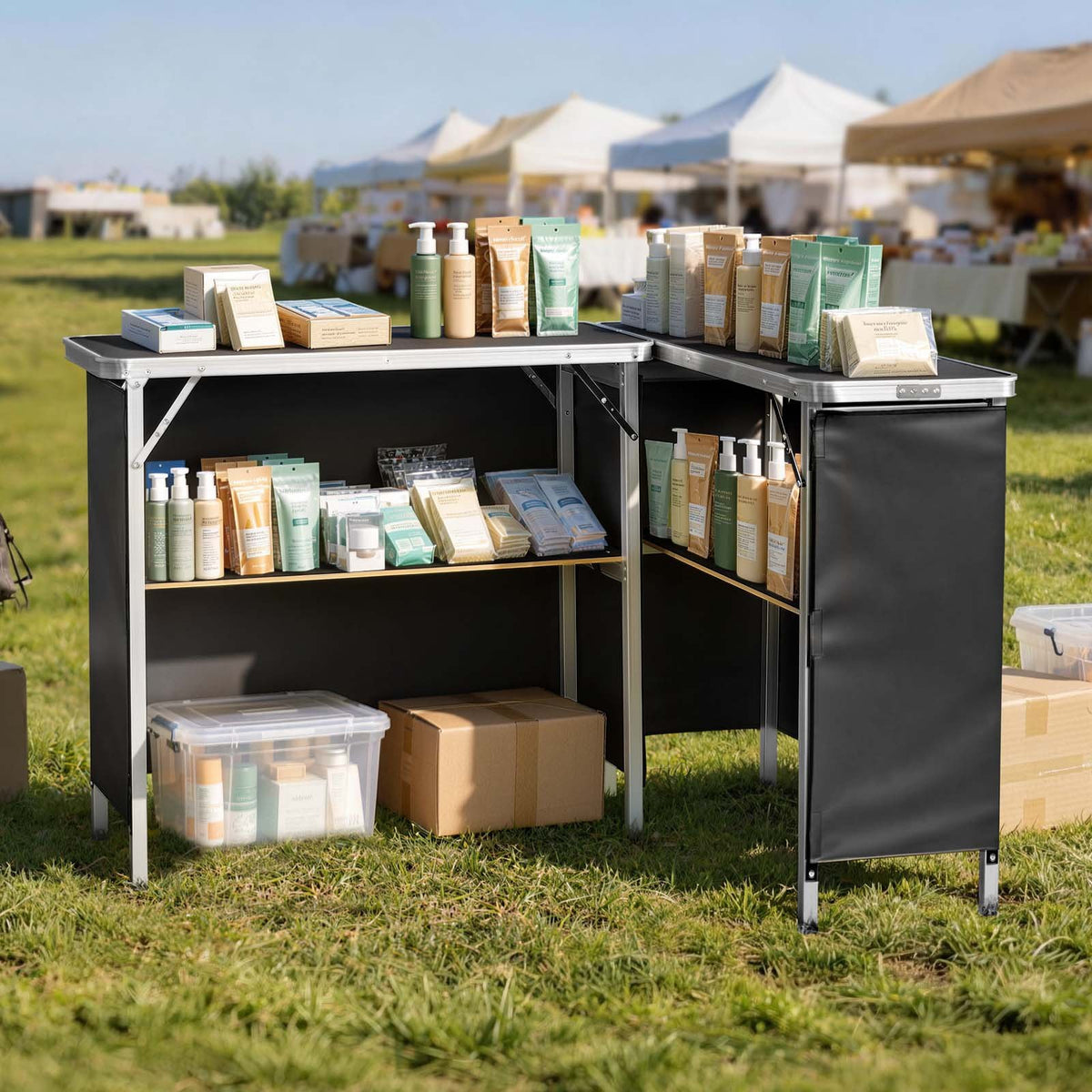 VEVOR Folding Portable Bar Table, 2 pcs, 38.6 x 15.2 x 34.3 in, with Carry Bag, Storage Shelf, Detachable Skirt, Quick and Easy Setup, Foldable Mobile Bartending Station for Events, Party, Tradeshow - BXSBTZZDZJXCTBVI3001V0 - view 9