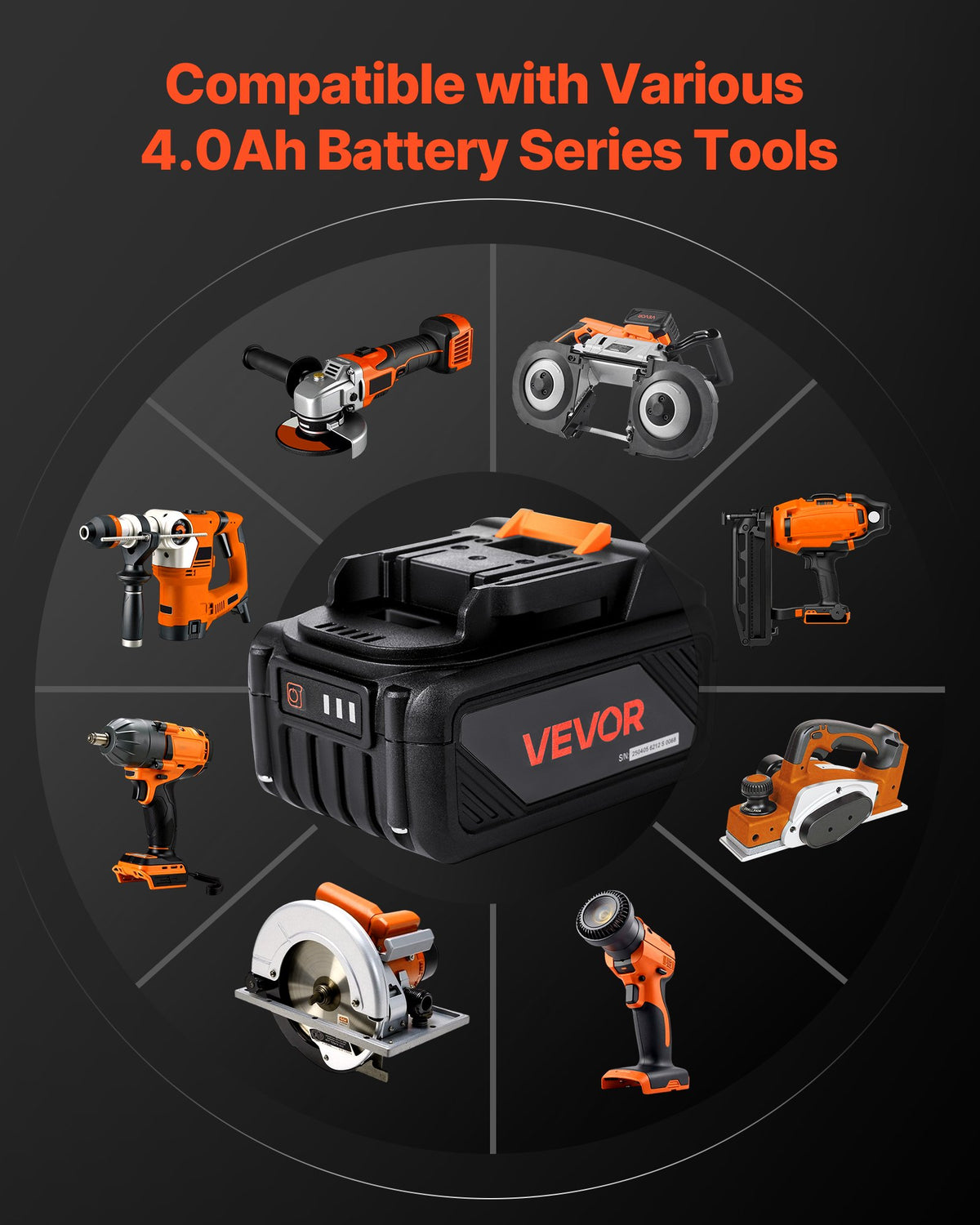 VEVOR 20V MAX, Portable Battery and Charger Combo, AC 110V, 4.0 Ah Lithium-Ion Battery Pack, 4000 mAh Large Capacity, Extended Runtime, Compatible with Series Tools, for Replacement and Fast Charging - BXSDJDCSPMTD4513S001V1 - view 7