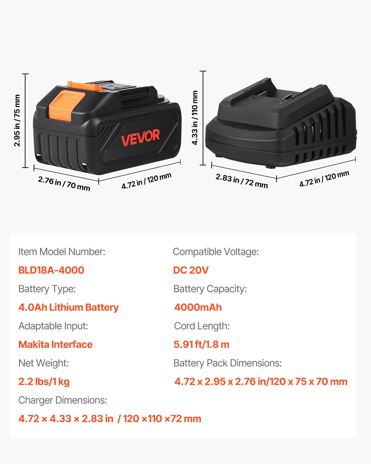VEVOR 20V MAX, Portable Battery and Charger Combo, AC 110V, 4.0 Ah Lithium-Ion Battery Pack, 4000 mAh Large Capacity, Extended Runtime, Compatible with Series Tools, for Replacement and Fast Charging - BXSDJDCSPMTD4513S001V1 - view 8