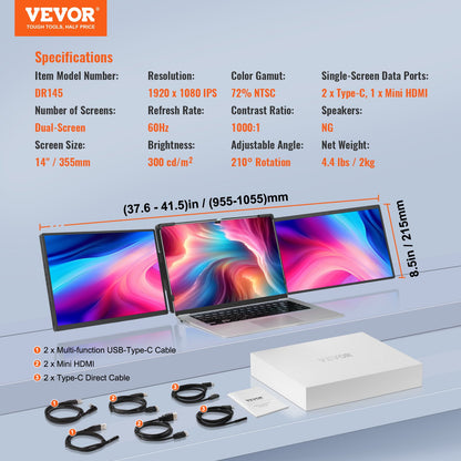 VEVOR Portable Laptop Screen Extender, 14" FHD 1080P IPS Triple Extended Monitor for 13"-17" Laptop, Swivel Portable Monitor USB-C/USB-A/Mini HDMI Port, Compatible with Mac/Wins/Android/Switch/PS5 - BXSDNXSQ14YCAKI6CV1 - view 8