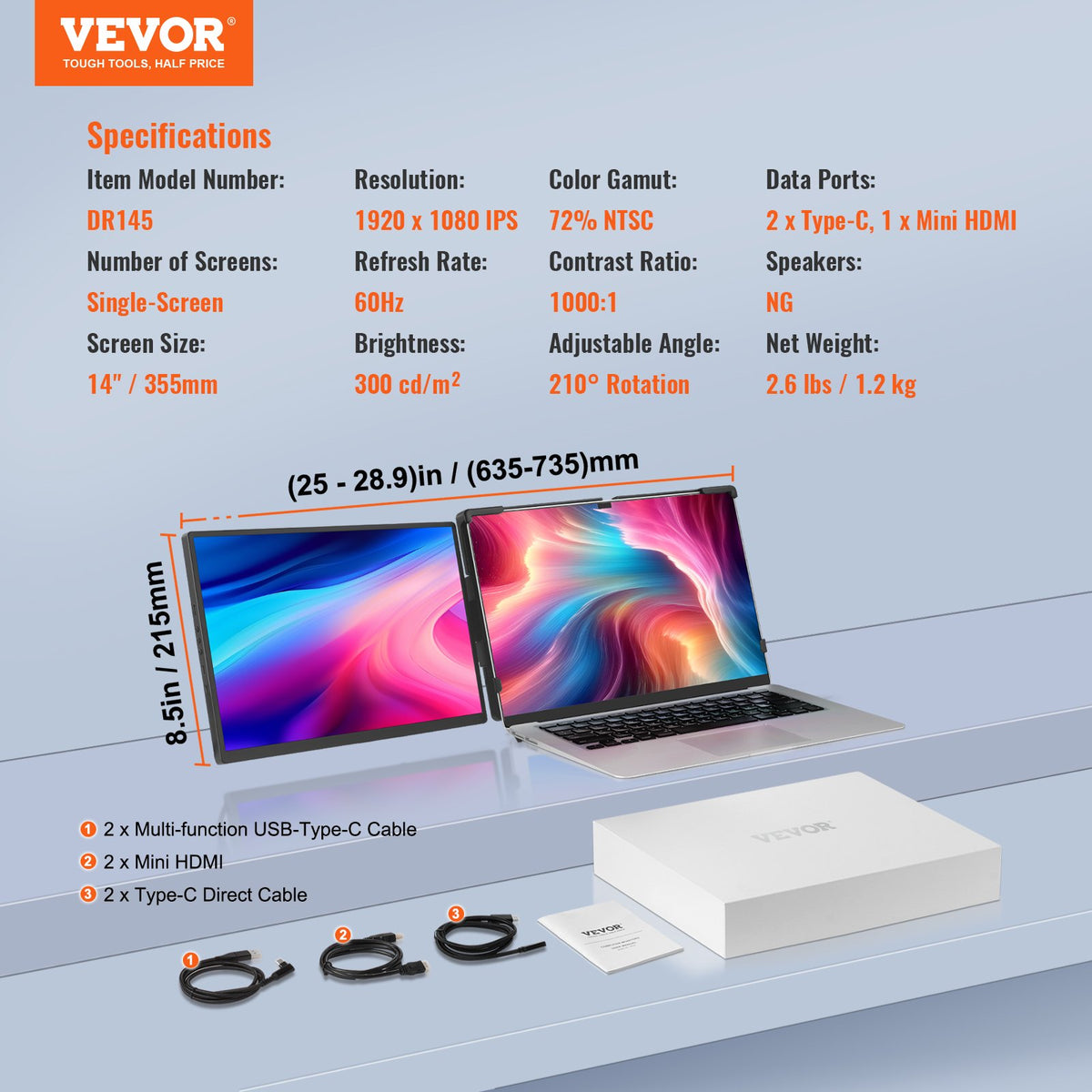 VEVOR Portable Laptop Screen Extender, 14" FHD 1080P IPS Dual Extended Monitor for 13"-17" Laptop, Swivel Portable Monitor USB-C/USB-A/Mini HDMI Port, Compatible with Mac/Wins/Android/Switch/PS5 - BXSDNXSQ14YCZA95CV1 - view 8