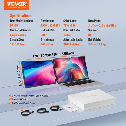 VEVOR Portable Laptop Screen Extender, 14" FHD 1080P IPS Dual Extended Monitor for 13"-17" Laptop, Swivel Portable Monitor USB-C/USB-A/Mini HDMI Port, Compatible with Mac/Wins/Android/Switch/PS5 - BXSDNXSQ14YCZA95CV1 - view 8