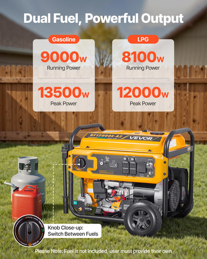 VEVOR Portable Generator, Gasoline 13500W Peak Watt & LPG 12000W Peak Watt Dual Fuel Generator, Home Backup Generators with Electric Start, Gasoline & LPG Powered, CO Sensor, 20A & 50A Outlets - BXSFDJSRLKYLNWTU0001V5 - view 3
