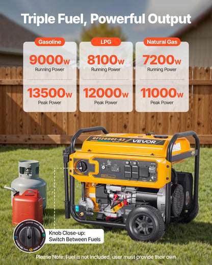 VEVOR Portable Generator, Gasoline 13500W Peak Watt, LPG 12000W Peak Watt & Natural Gas 11000W Peak Watt Tri-Fuel Generator, Home Backup Generators with Electric Start, Gas, LPG & Natural Gas Powered - BXSFDJSRLKYLTR139001V5 - view 3