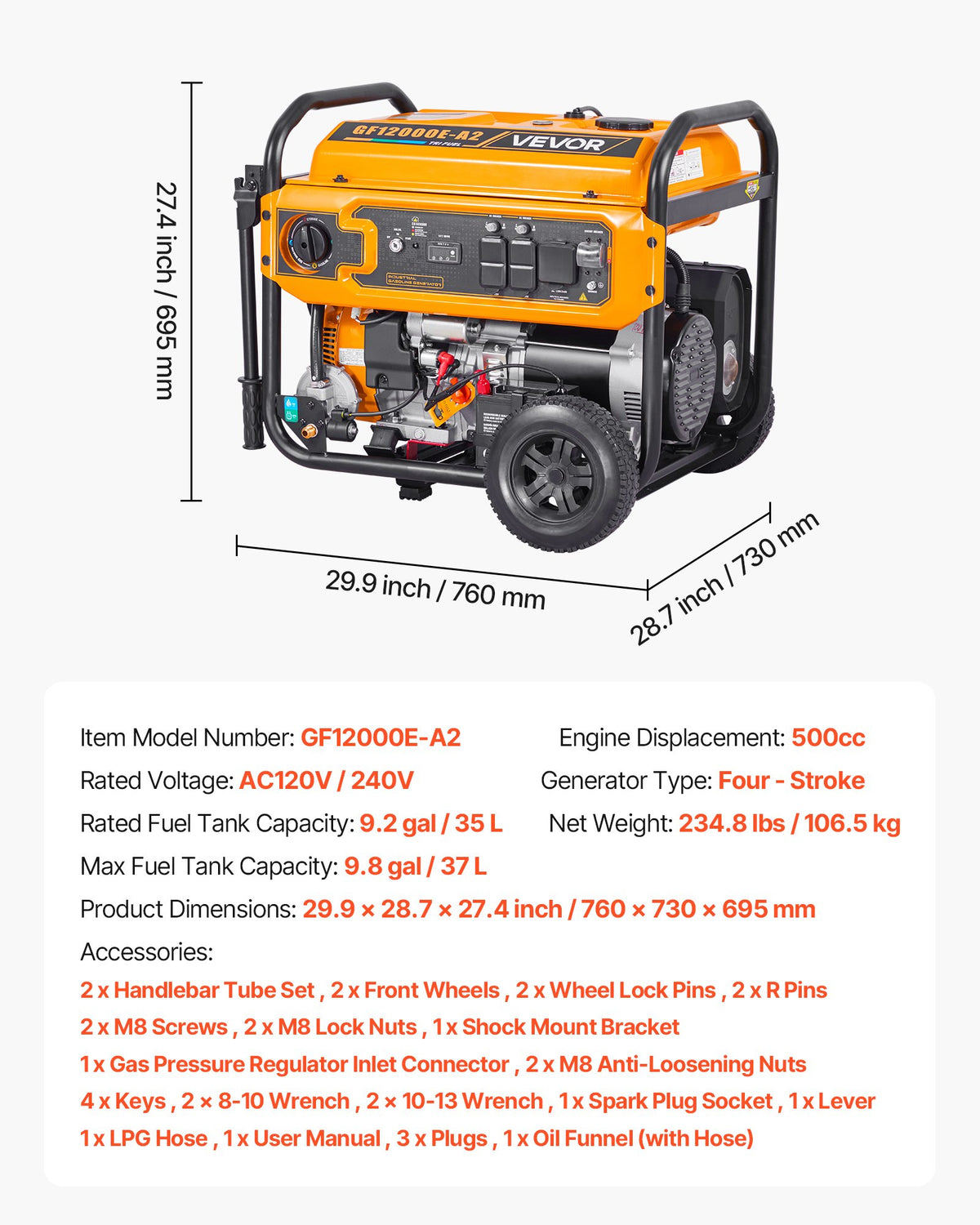 VEVOR Portable Generator, Gasoline 13500W Peak Watt, LPG 12000W Peak Watt & Natural Gas 11000W Peak Watt Tri-Fuel Generator, Home Backup Generators with Electric Start, Gas, LPG & Natural Gas Powered - BXSFDJSRLKYLTR139001V5 - view 8
