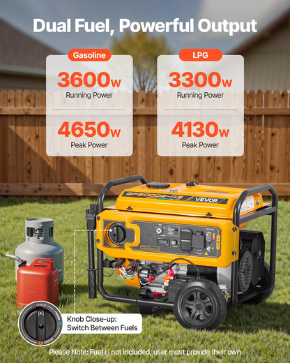VEVOR Portable Generator, Gasoline 4650W Peak Watt & LPG 4130W Peak Watt Dual Fuel Generator, Home Backup Generators with Electric Start, Gasoline & LPG Powered, CO Sensor, 20A & 50A Outlets - BXSFDJSRLKYLU7X9M001V1 - view 3