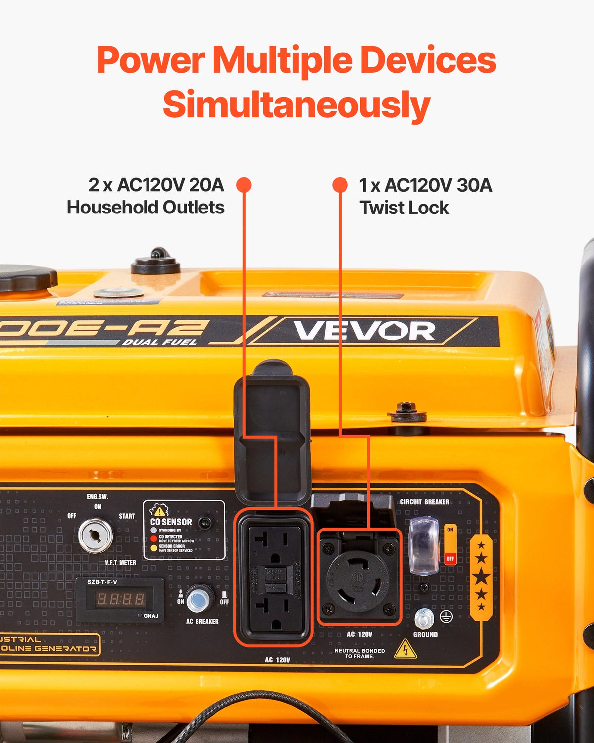 VEVOR Portable Generator, Gasoline 4650W Peak Watt & LPG 4130W Peak Watt Dual Fuel Generator, Home Backup Generators with Electric Start, Gasoline & LPG Powered, CO Sensor, 20A & 50A Outlets - BXSFDJSRLKYLU7X9M001V1 - view 6