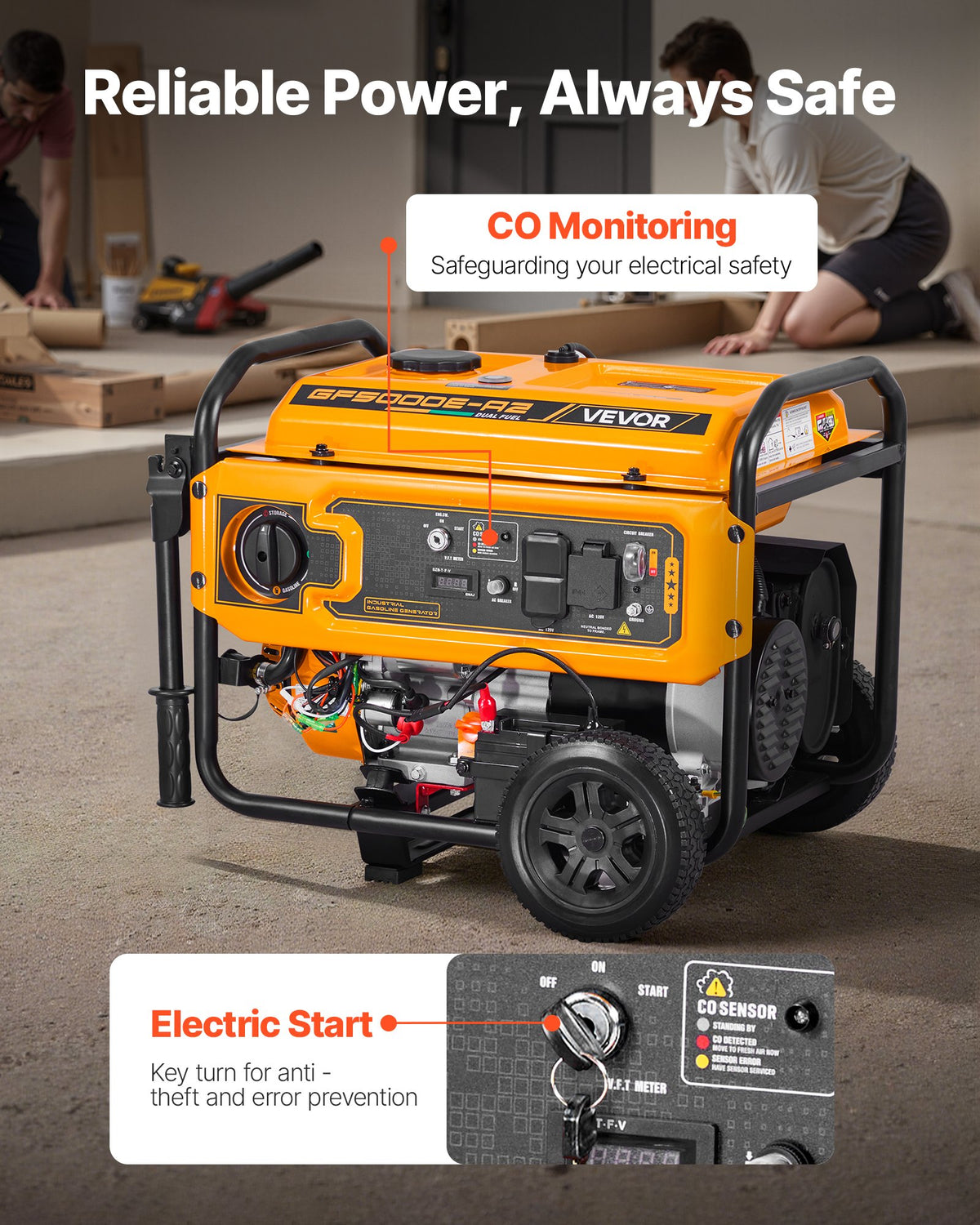 VEVOR Portable Generator, Gasoline 4650W Peak Watt & LPG 4130W Peak Watt Dual Fuel Generator, Home Backup Generators with Electric Start, Gasoline & LPG Powered, CO Sensor, 20A & 50A Outlets - BXSFDJSRLKYLU7X9M001V1 - view 7