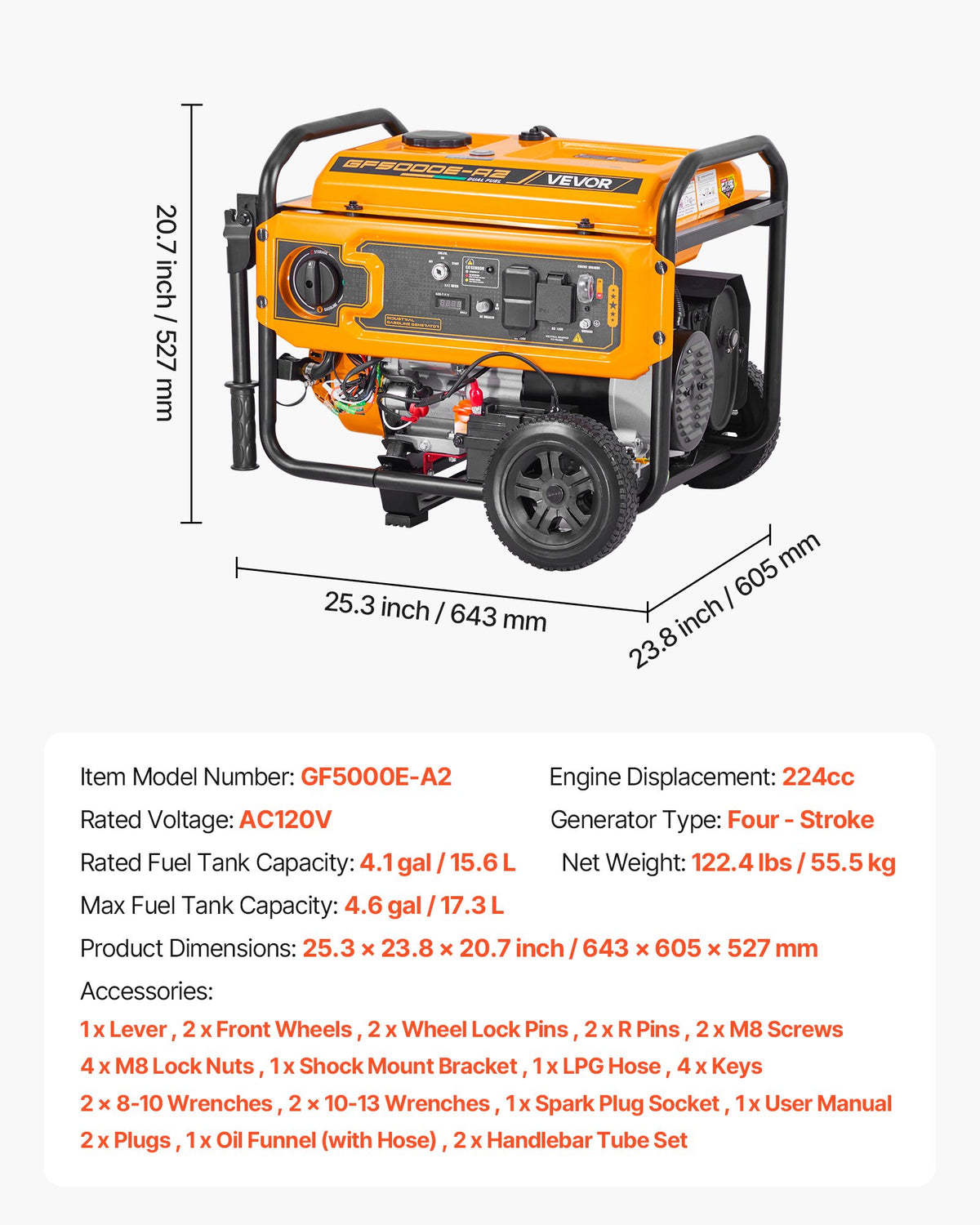 VEVOR Portable Generator, Gasoline 4650W Peak Watt & LPG 4130W Peak Watt Dual Fuel Generator, Home Backup Generators with Electric Start, Gasoline & LPG Powered, CO Sensor, 20A & 50A Outlets - BXSFDJSRLKYLU7X9M001V1 - view 8