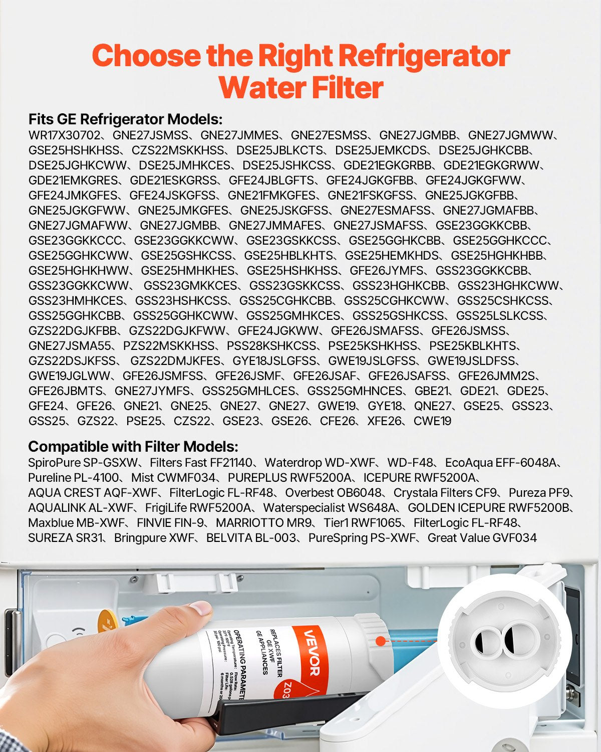 VEVOR Refrigerator Water Filter Replacement, Carbon Block Filtration for Clear Drinking Water, Certified to Reduce Chlorine, Taste & Odor, Lead, Sediments, 70+ Contaminants, White, 1 Pack - BXSGLQDJGEBXWOYHD001V0 - view 3