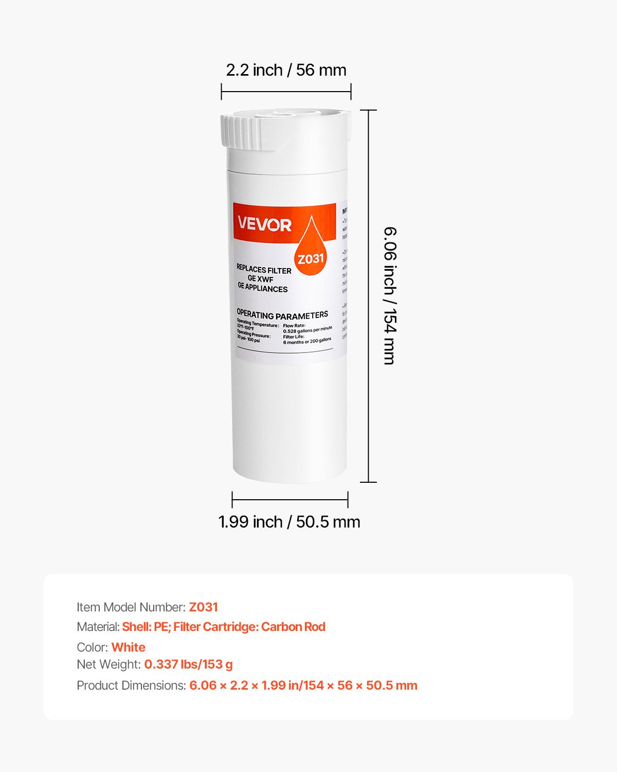 VEVOR Refrigerator Water Filter Replacement, Carbon Block Filtration for Clear Drinking Water, Certified to Reduce Chlorine, Taste & Odor, Lead, Sediments, 70+ Contaminants, White, 1 Pack - BXSGLQDJGEBXWOYHD001V0 - view 8