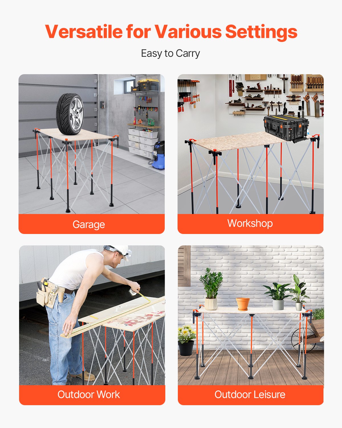 VEVOR Portable Folding Workstand, 4.16 x 2.18 ft Collapsible Workbench, 2500 lbs Weight Capacity, No Assembly Foldable Work Stand with Storage Bag, Table Top NOT Included, for Garage Workshop Outdoor - BXSGZTPPSL4FAB6G7001V0 - view 6