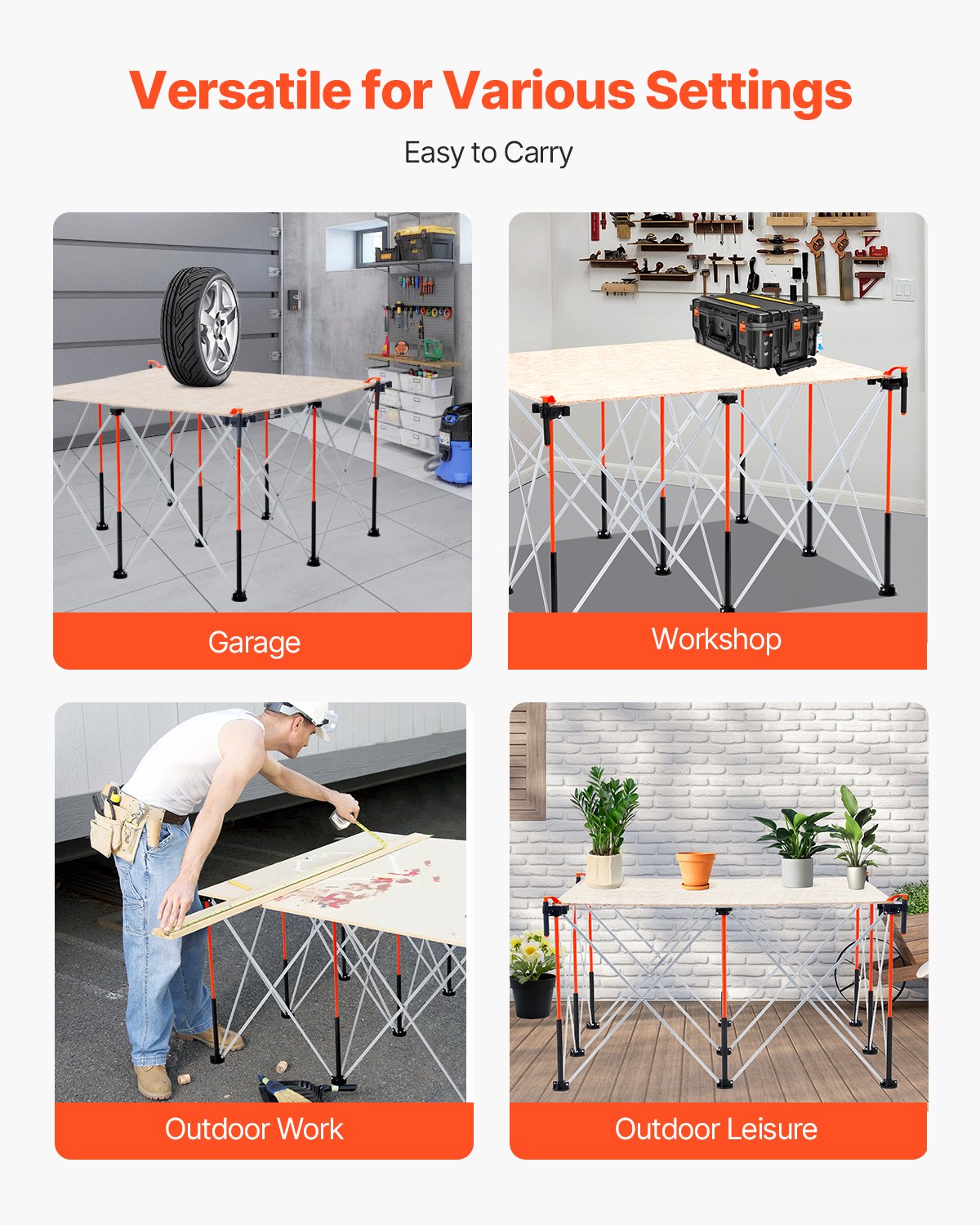 VEVOR Portable Folding Workstand, 4.15 x 4.15 ft Collapsible Workbench, 3500 lbs Weight Capacity, No Assembly Foldable Work Stand with Storage Bag, Table Top NOT Included, for Garage Workshop Outdoor - BXSGZTPPSL4FOJFJN001V0 - view 6