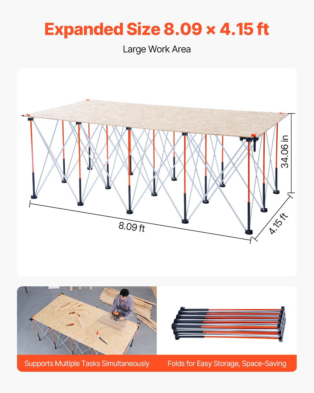 VEVOR Portable Folding Workstand, 8.02 x 4.12 ft Collapsible Workbench, 6000 lbs Weight Capacity, No Assembly Foldable Work Stand with Storage Bag, Table Top NOT Included, for Garage Workshop Outdoor - BXSGZTPPSL8F1N2RC001V0 - view 5