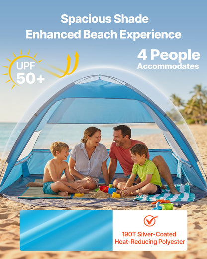 VEVOR Beach Tent Sun Shelter for 4 Person, UPF 50+ Protection, Portable Sun Shade Canopy with Carrying Bag & Sand Pockets, Lightweight and Easy Setup Beach Umbrella for Camping Fishing Outdoor Picnic - BXSHTZPDBJC4MORNX001V0 - view 3